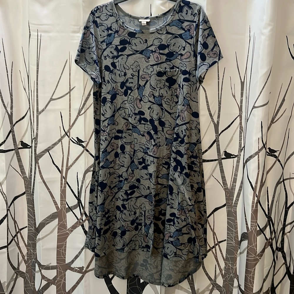 LuLaRoe Carly Dress Mickey Mouse size Large, grays & blues, hi lo hem